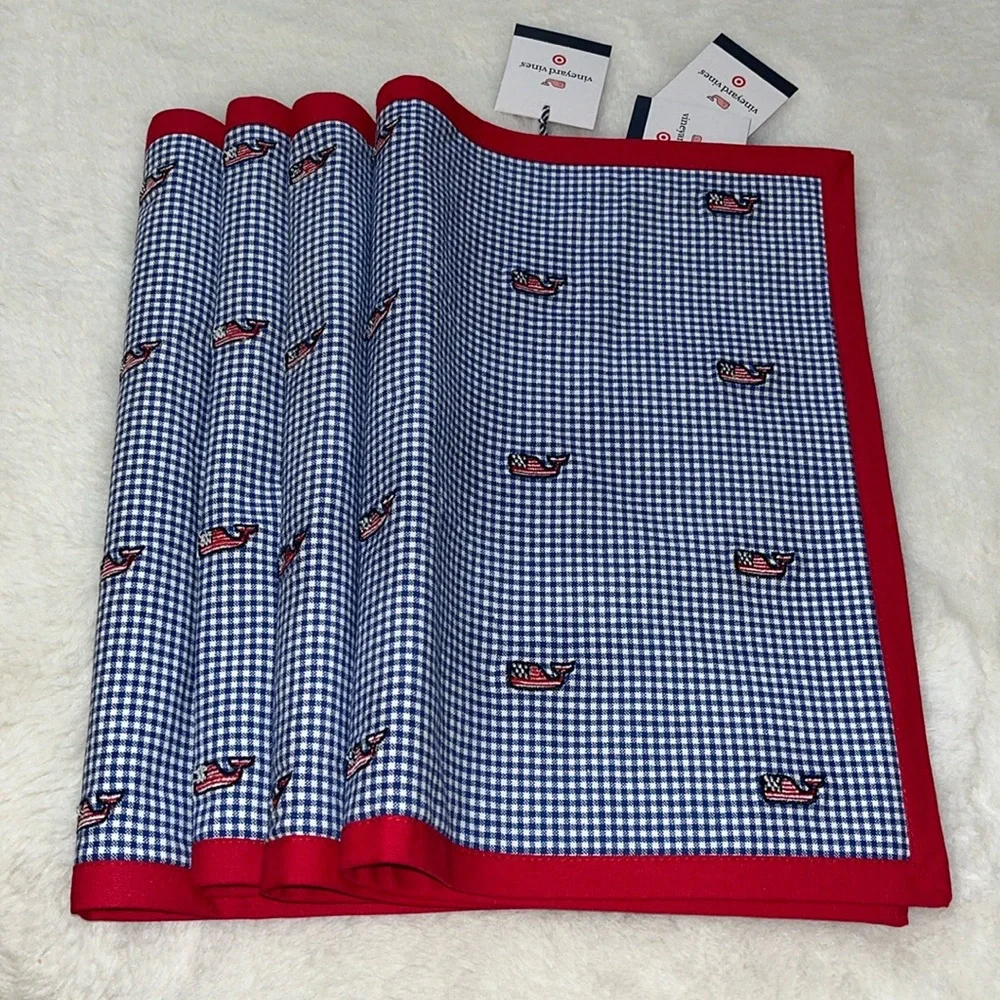 4 Vineyard Vines Gingham Whale Cloth Placemats Fourth of July Preppy Decor